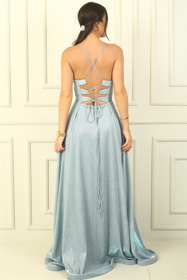 İp Askılı Astarlı Simli Uzun Abiye Elbise