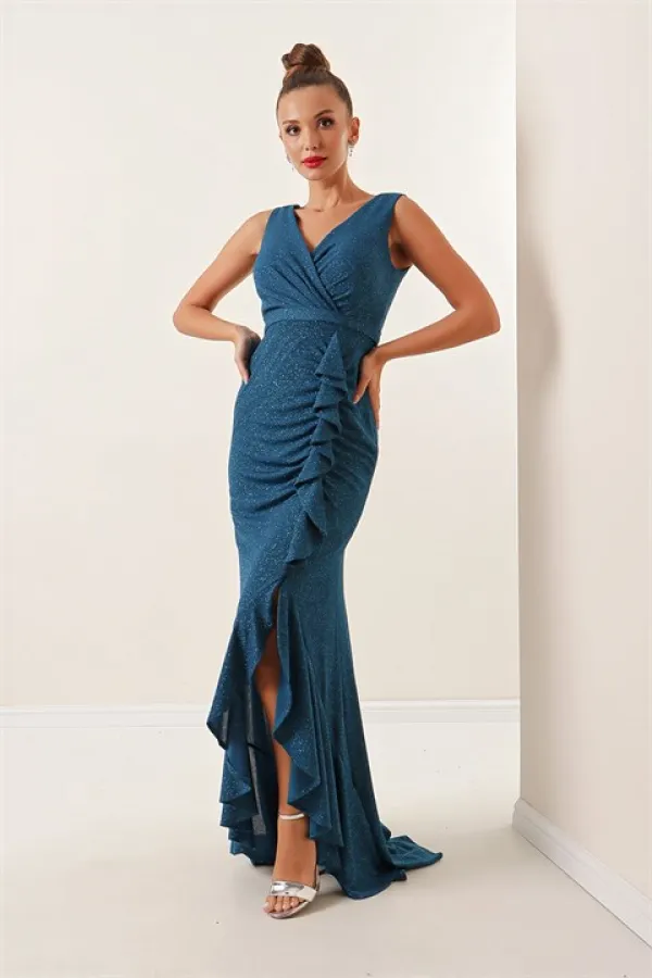 Kruvaze Yaka Önü Volanlı Balık Elbise