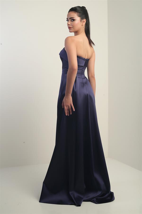 Women's Strapless Lined Long Satin Evening Dress with Pockets
