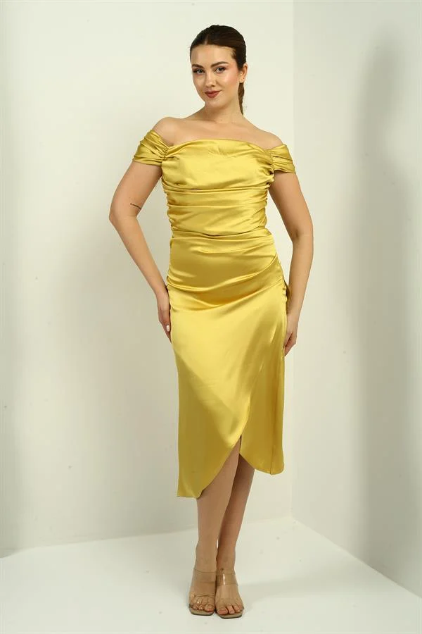 Women's Madonna Neckline Draped Asymmetrical Satin Short Dress