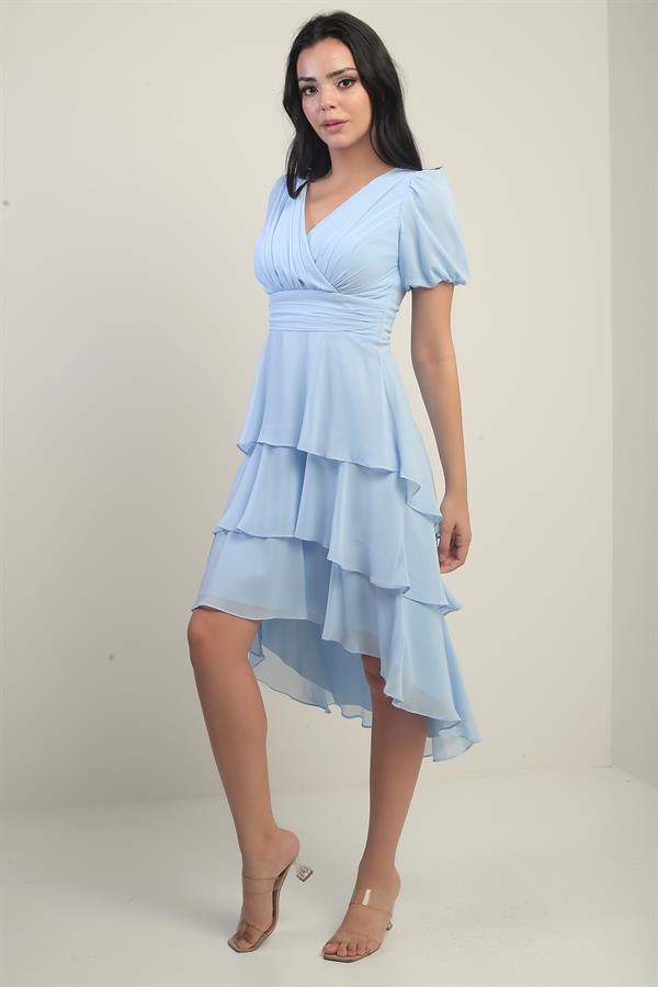 Kadın Kruvaze Yaka Arkası Fermuarlı Katkat Pileli Şifon Elbise