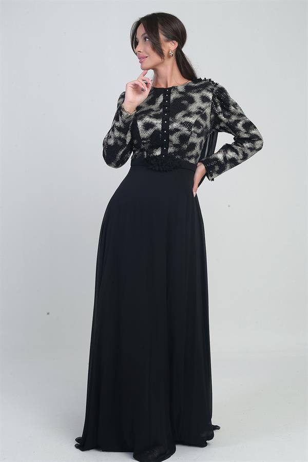 Kadın Çiçekli Kemer Detaylı Üstü Pullu Astarlı Şifon Uzun Elbise