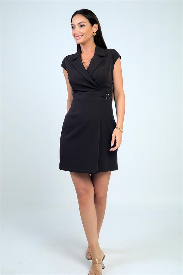 Women's Wrap Neckline Buckle Detail Pleated Skirt Lycra Crepe Dress