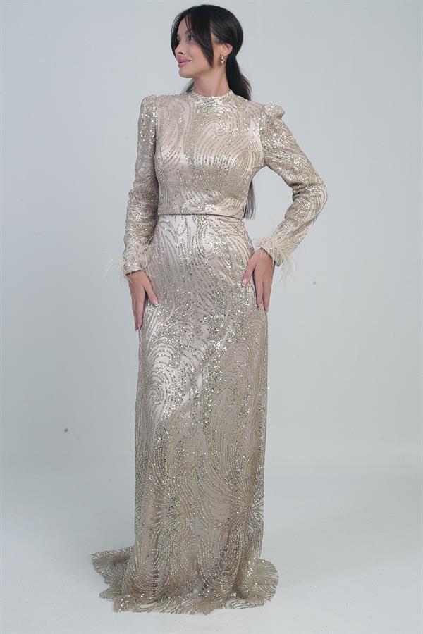 Kadın Kolu Tüylü Boncuk Ve Pullu Astarlı Tül Uzun Elbise