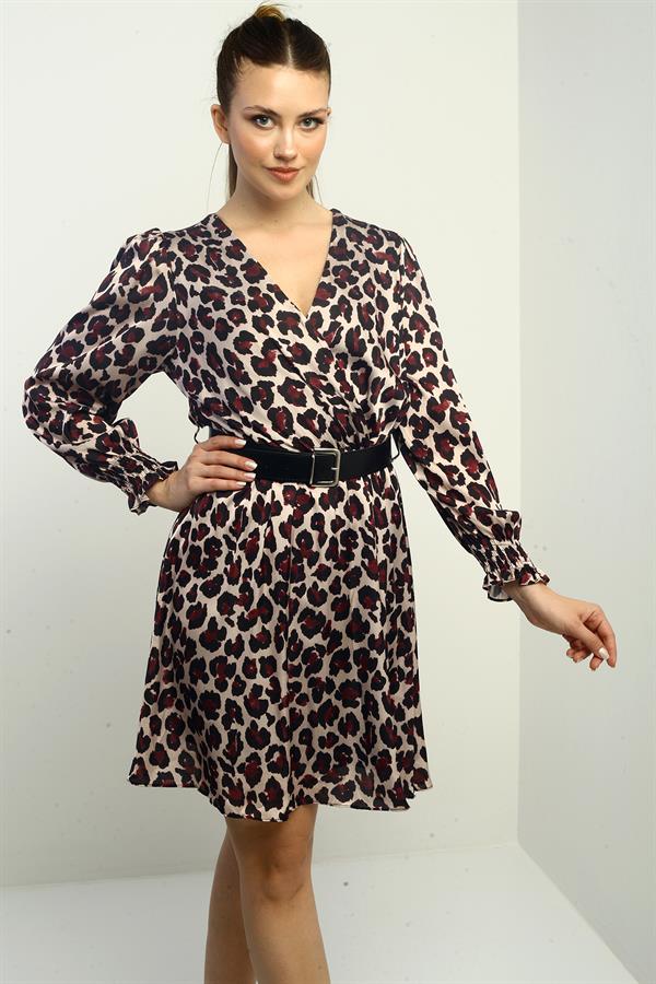 Women's Wrap Neckline Belted Lined Leopard Print Satin Short Dress
