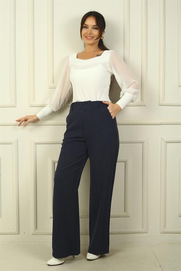 Pantalon palazzo à rayures verticales et poches latérales pour femme
