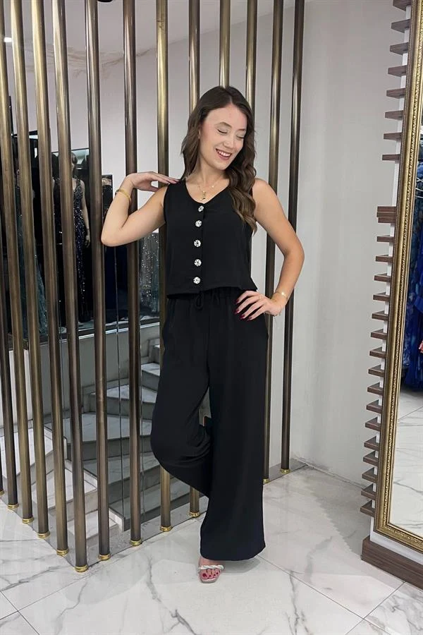 Kadın V Yaka Önü Düğmeli Bluz Beli Lastikli Cepli Palazzo Pantolon Ayrobin 2'li Takım