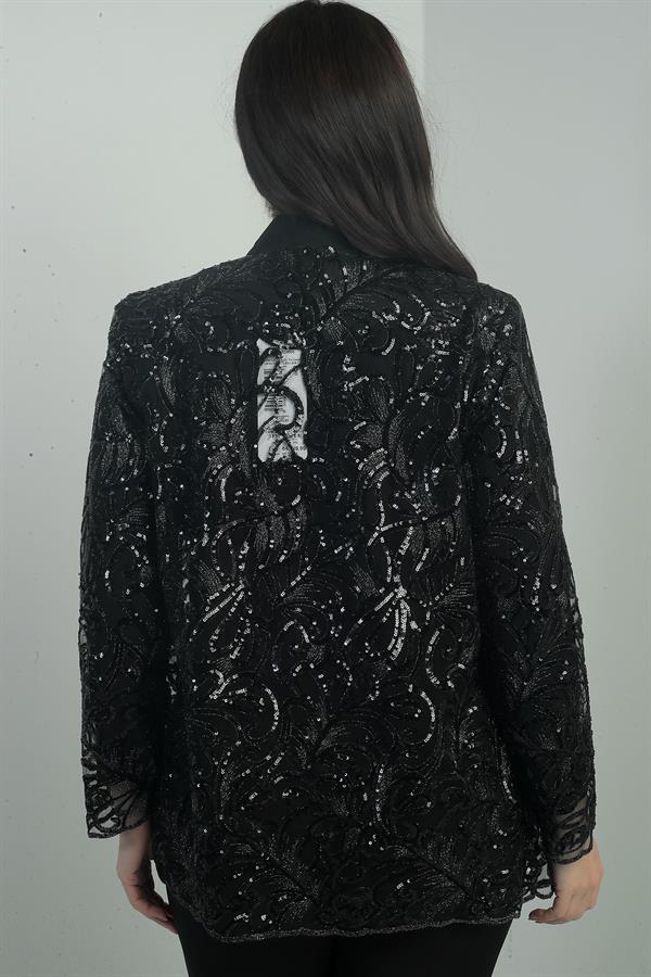 Kadın Pullu Tül Ceket Likralı Uzun Kol Bluz Büyük Beden 2'li Takım