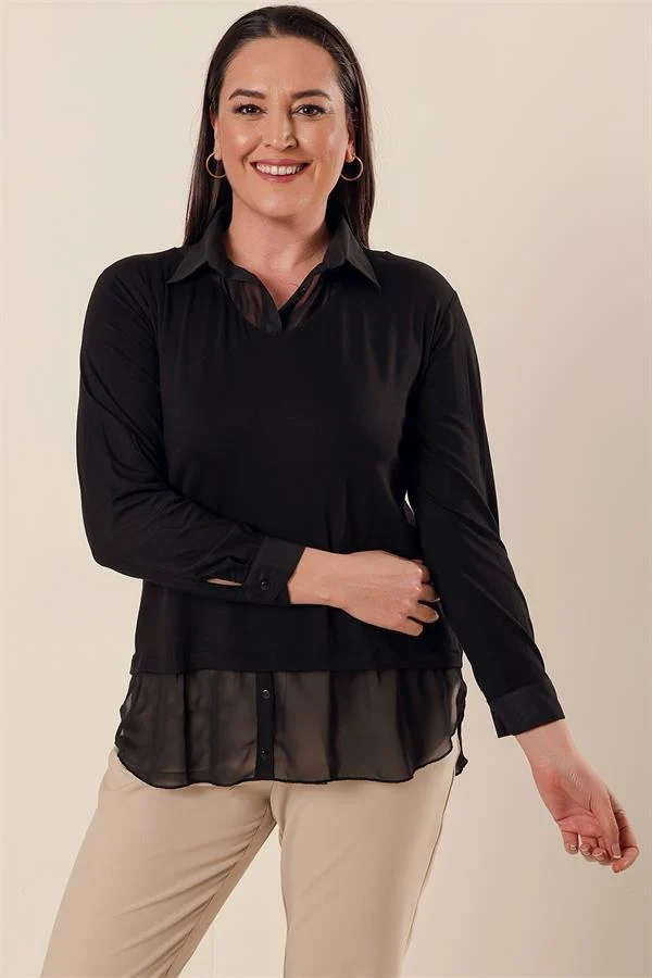 Şifon Detaylı Gömlek Yaka Rahat Kesim Büyük Beden Bluz
