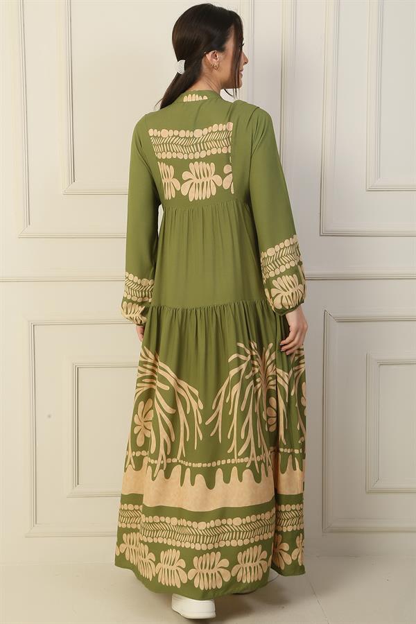 Long, half-buttoned, elasticated sleeve, printed modest dress.