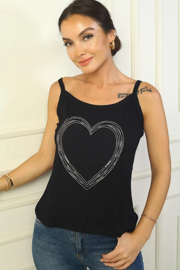 Débardeur femme coupe large à bretelles avec cœur en pierre brodé sur le devant