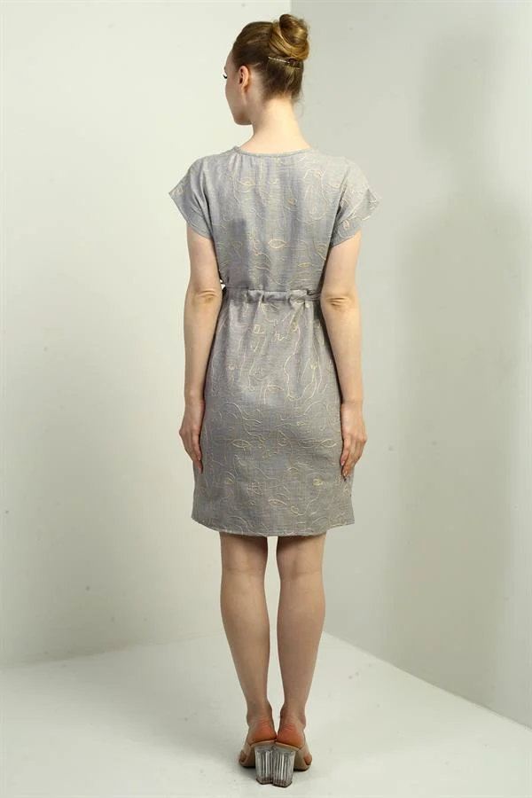 Women's Half-Front Button-Down, Drawstring Waist, Embroidered Dress