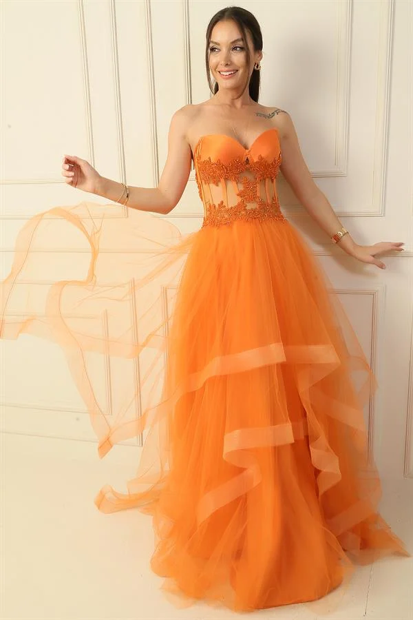 Long, Layered Tulle Taffeta Evening Dress with Beaded Embellishments