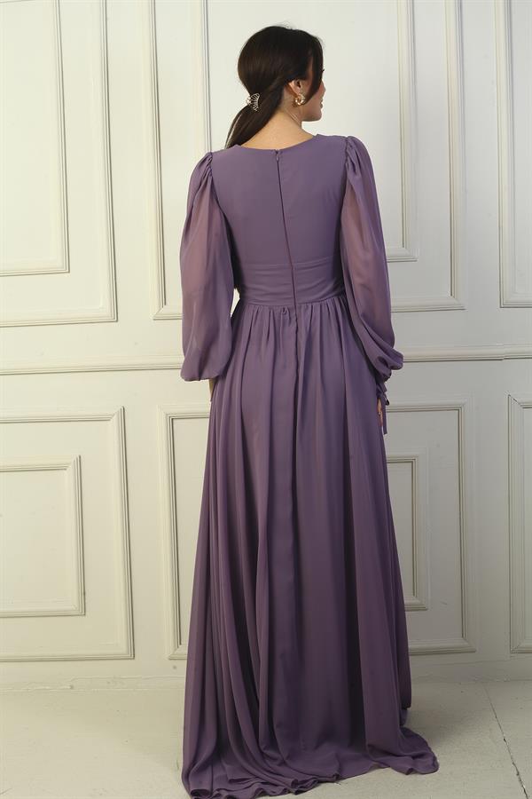 Önden Bağcıklı Balenli Astarlı Uzun Şifon Elbise