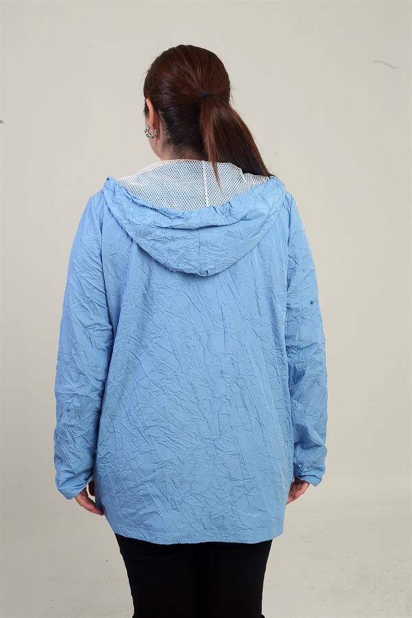 Kadın Kapüşonlu File Detaylı Astarlı Önü Fermuarlı Cepli Büyük Beden Yağmurluk