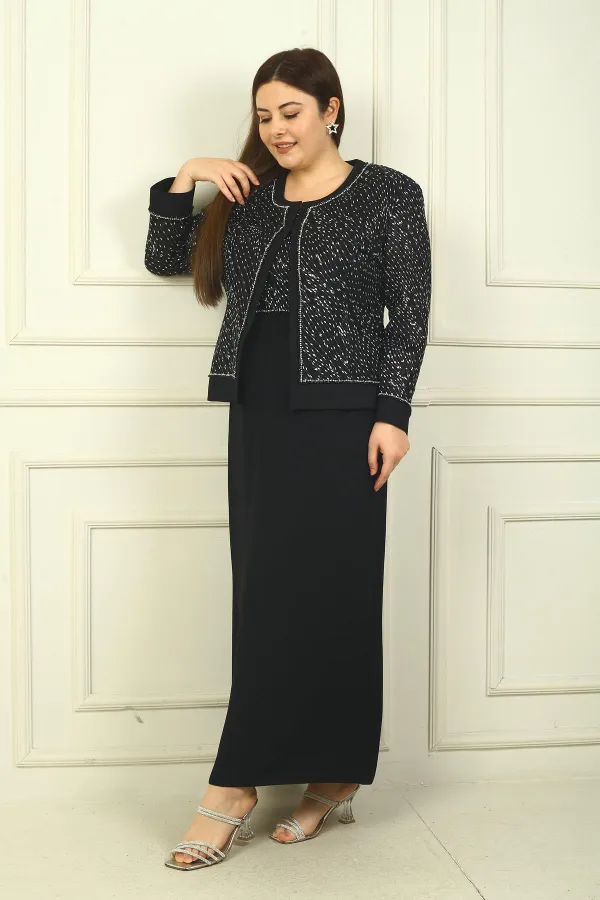 Women's Beaded and Sequin Embellished Tulle Jacket, Half-Moon Sleeve Long Dress, Lined, Plus Size Two-Piece Set