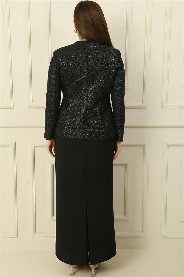 Robe longue en crêpe avec col et doublure ornés, veste à sequins, ensemble 2 pièces grande taille