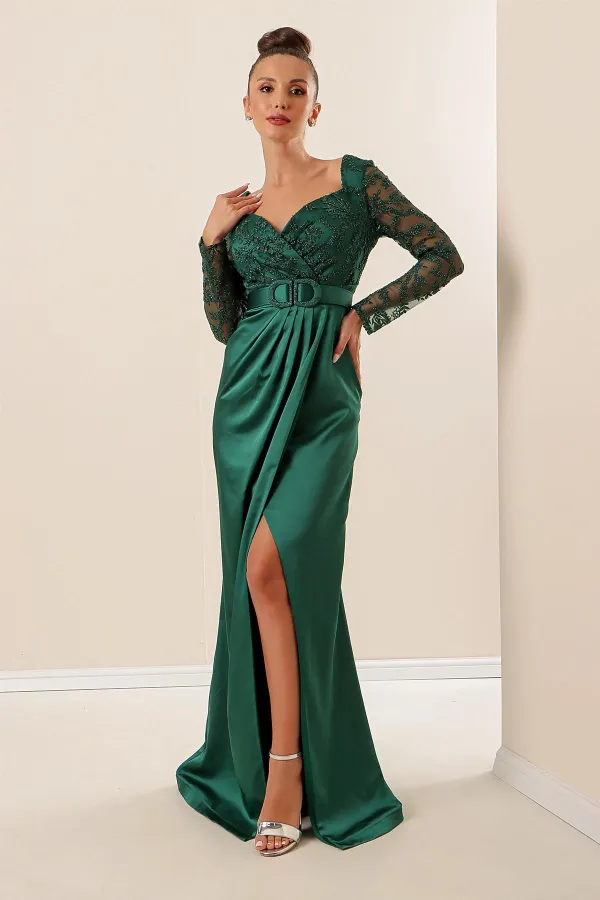 Double-Breasted, Waist Belted, Lined, Glitter Detailed Tulle Sleeveless Mini Satin Dress