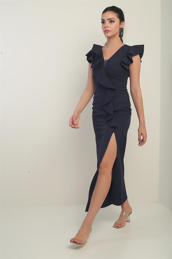 Women's Long Dress with Embroidered Roses on the Shoulder, Lined, Front Slit and Ruffles
