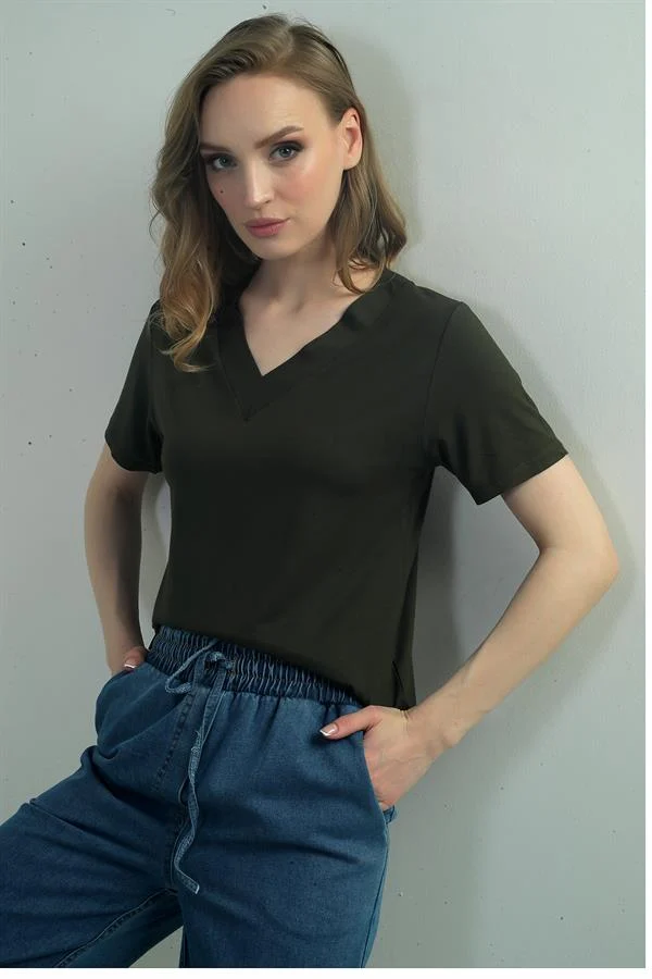 Women's V-Neck Short-Sleeve Blouse with Slit