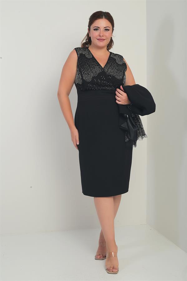 Kadın Kruvaze Yaka Beli Drapeli Elbise Kolları Tül Ceket Astarlı Pul Detaylı Büyük Beden 2'li Takım