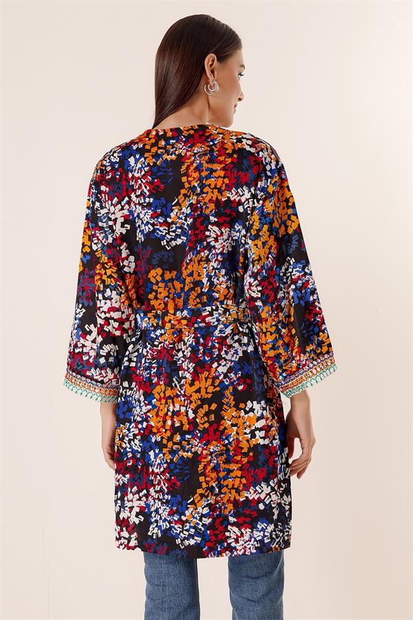 Karışık Desenli Saten Uzun Kimono Ceket