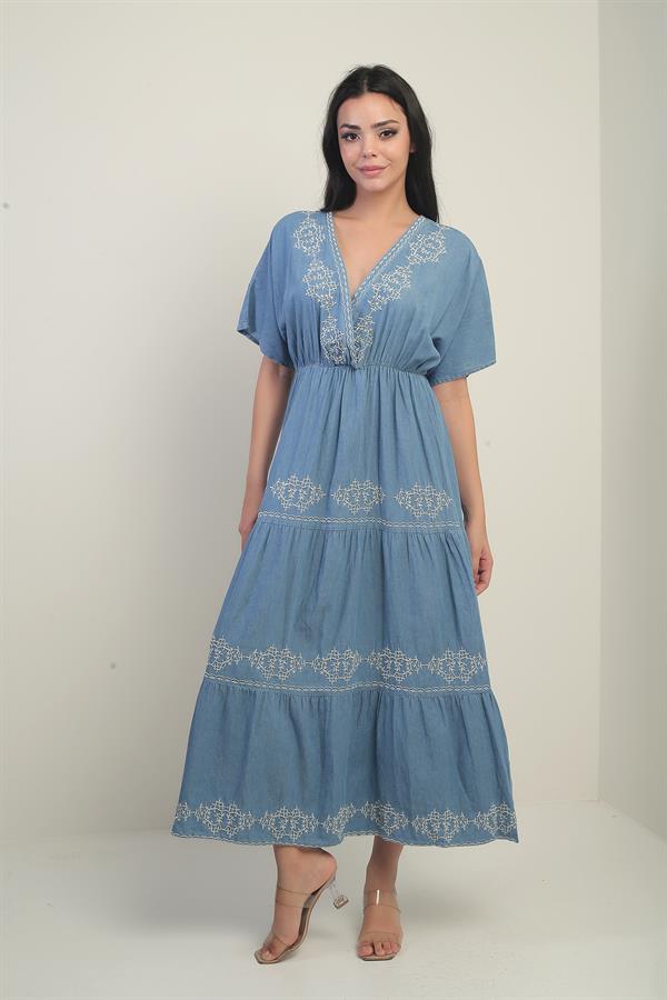 Women's Wrap Neckline Back Lace-Up Elastic Waist Batwing Sleeve Embroidered Long Dress