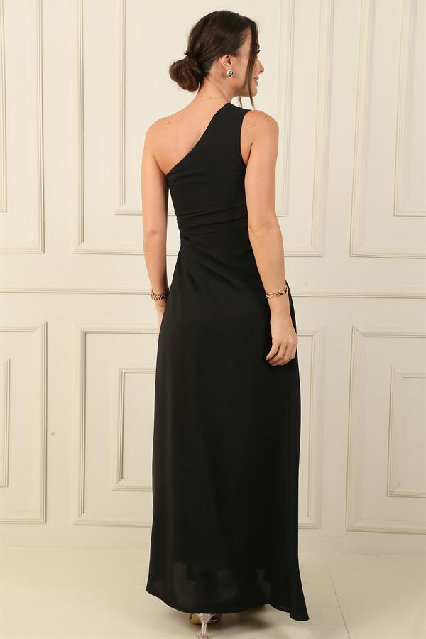 Kadın Tek Omuz Yan Pencere Detaylı Uzun Krep Saten Elbise