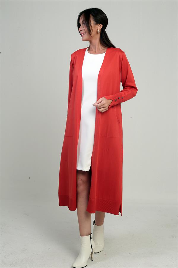 Gilet long pour femme avec manches boutonnées, poches et fentes latérales