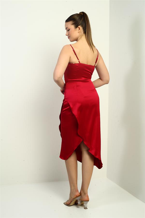 Robe midi asymétrique à bretelles, drapée et doublée pour femme