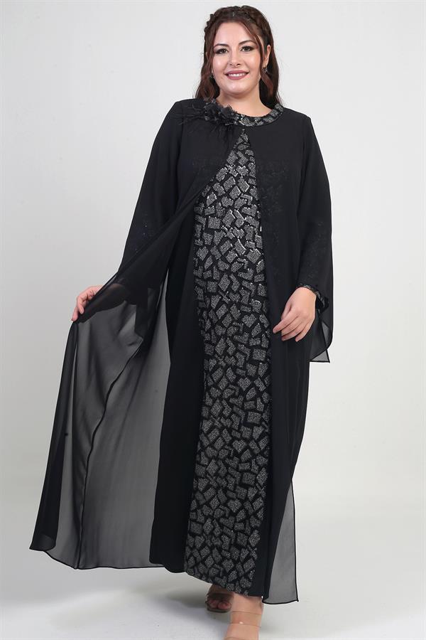 Kadın Üstü Şifon Pelerinli Pul Taş Detaylı Geometrik Desen Likralı B.B. Uzun Elbise