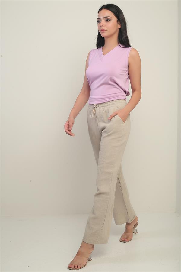 Women's Muslin Palazzo Pants with Elastic Waist and Pockets