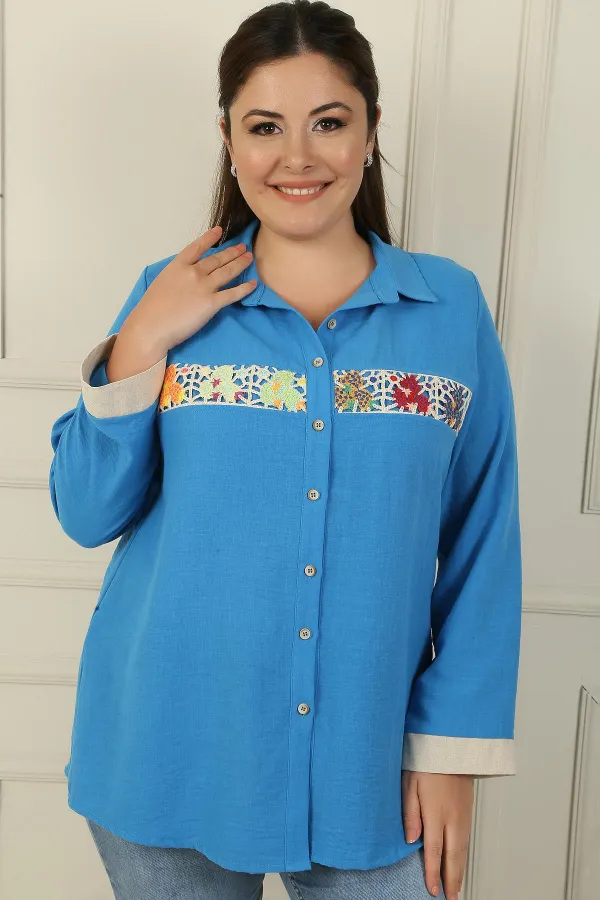 Floral Motif Knitted Plus Size Shirt