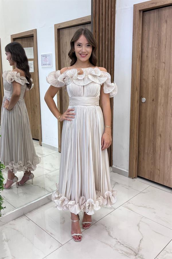 Kadın İnce Askılı Astarlı Volan Detaylı Pileli Şifon Midi Elbise