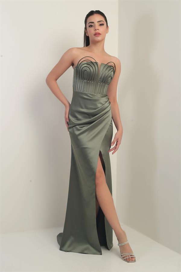 Women's Strapless Front Underwire Lined Satin Long Dress