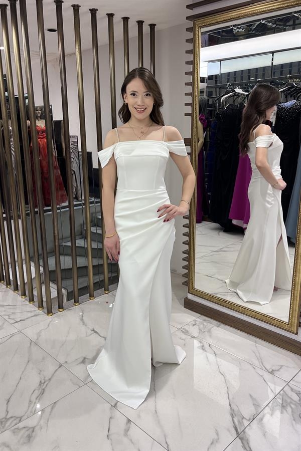 Women's Stoned Thin Strap Low Sleeve Satin Madonna Collar Lined Draped Double Fishtail Dress