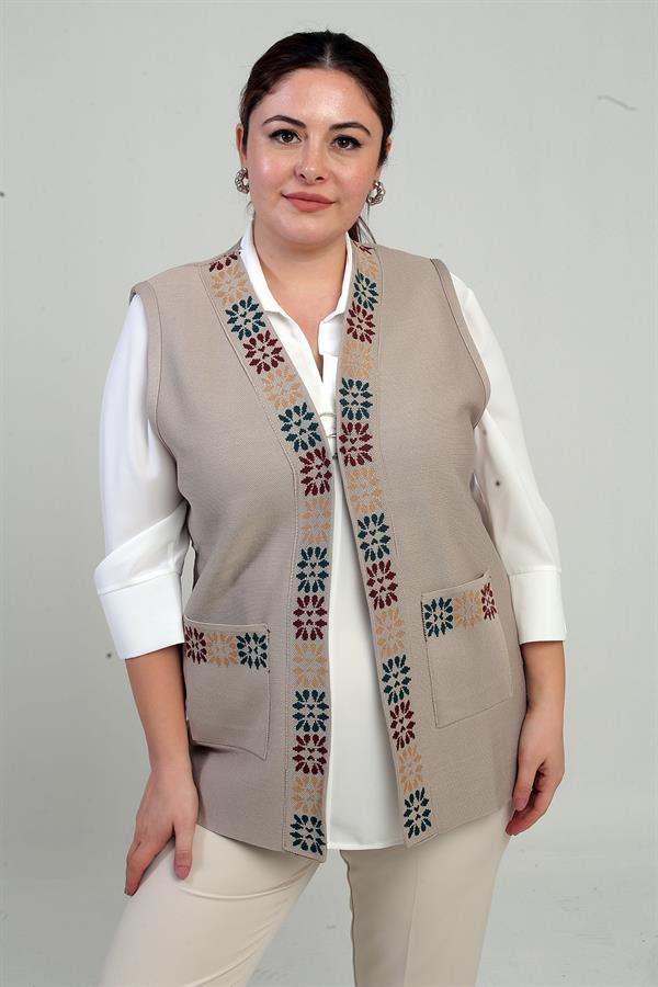 Gilet court en maille pour femme grande taille, à motif floral et poche