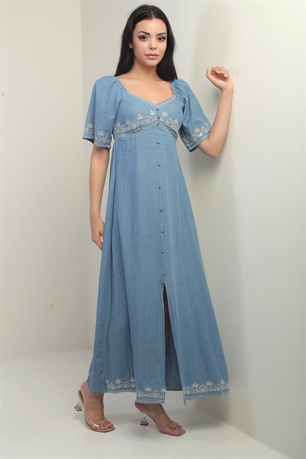 Women's Pentagon Neckline Button Detail Back Embroidered Long Denim Dress