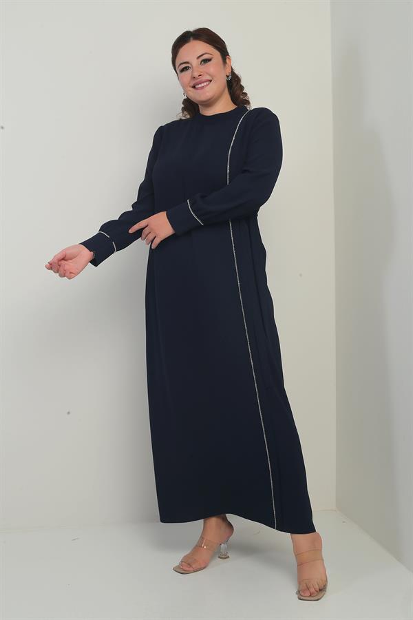 Women's Plus Size Long Crepe Dress with Zippered Sleeves, Stone Embellishments, and Side Tie Closure