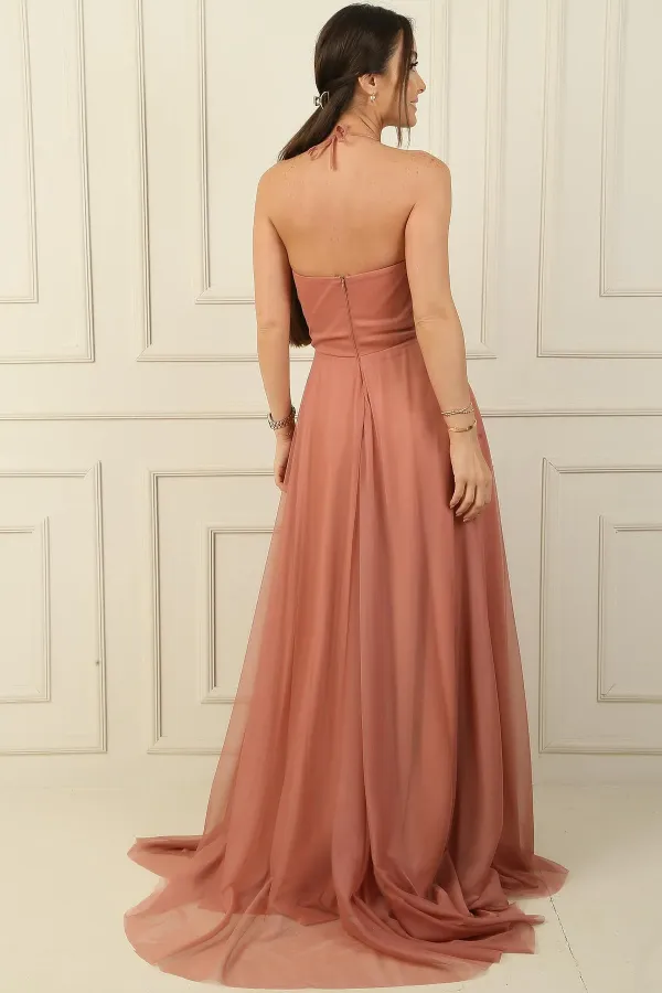 Önü Drapeli Taş Detaylı Astarlı Uzun Tül Abiye Elbise