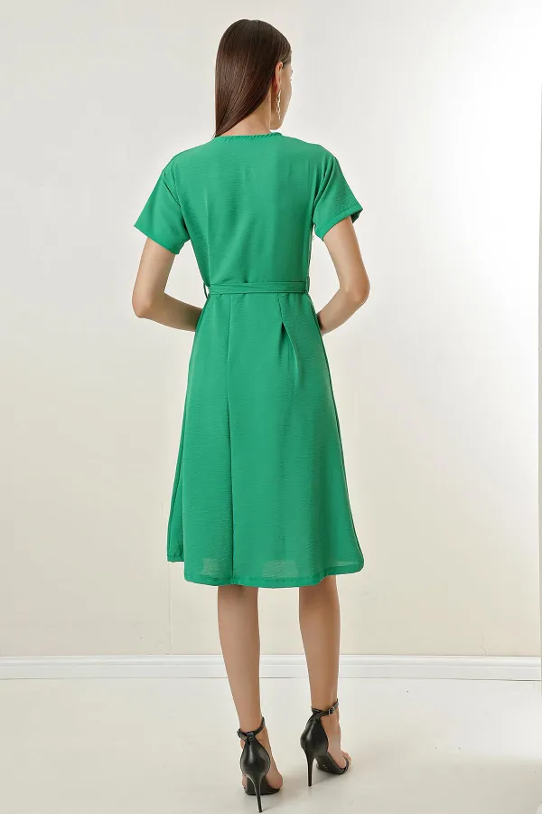 Double-Breasted Pleated Waist Belted Aerobin Dress
