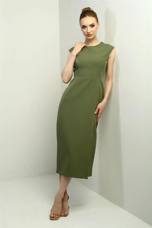 Kadın Kendinden Telalı Önü Yırtmaçlı Midi Elbise