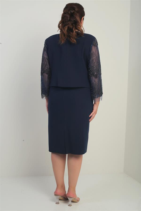 Kadın Kruvaze Yaka Beli Drapeli Elbise Kolları Tül Ceket Astarlı Pul Detaylı Büyük Beden 2'li Takım