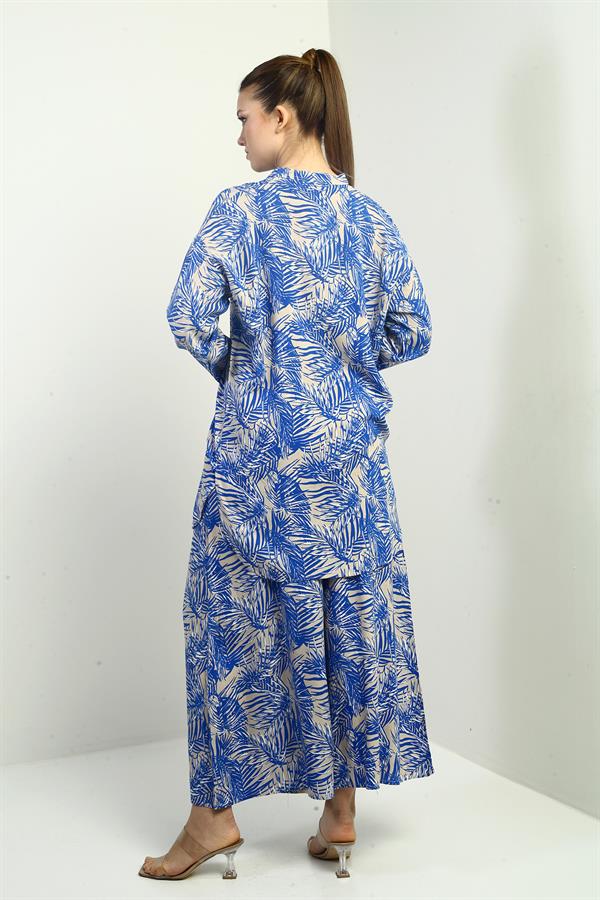 Women's Side Slit Tunic Shirt, Elastic Waist Pocketed Palazzo Pants, Leaf Pattern Oversize 2-Piece Set