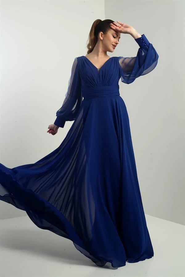 Front and back V-neck, draped front, tulle sleeves, lined, wide-length chiffon dress.