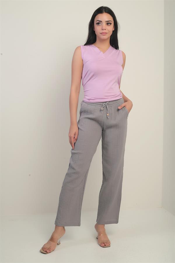Pantalon palazzo en mousseline pour femme, avec taille élastique et poches