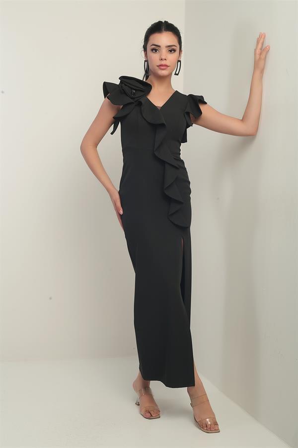 Robe longue pour femme avec roses brodées sur l'épaule, doublée, fente sur le devant et volants