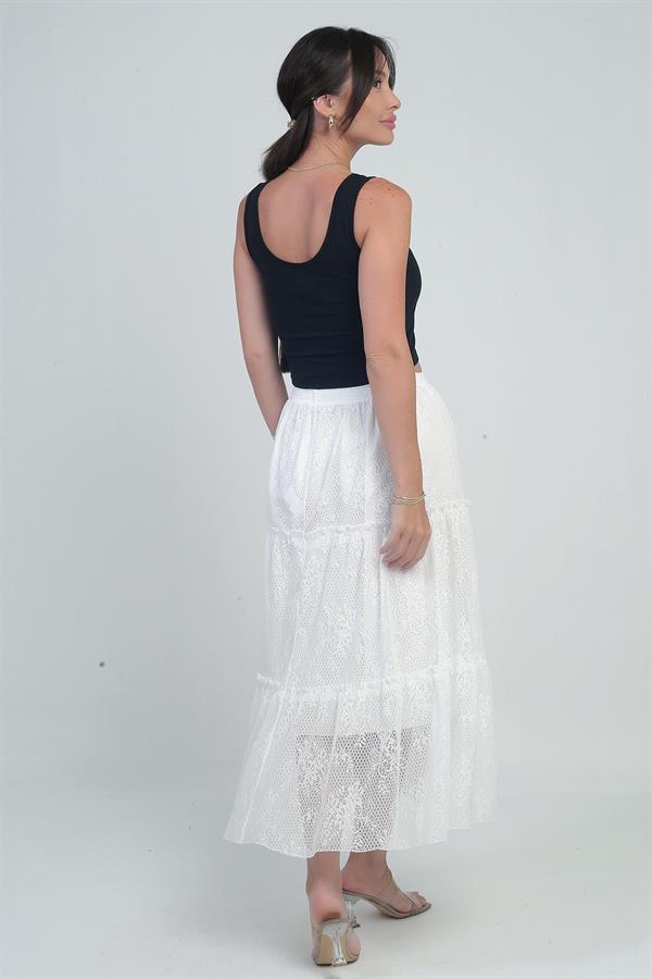 Kadın Beli Lastikli Astarlı Çiçekli Tül Etek