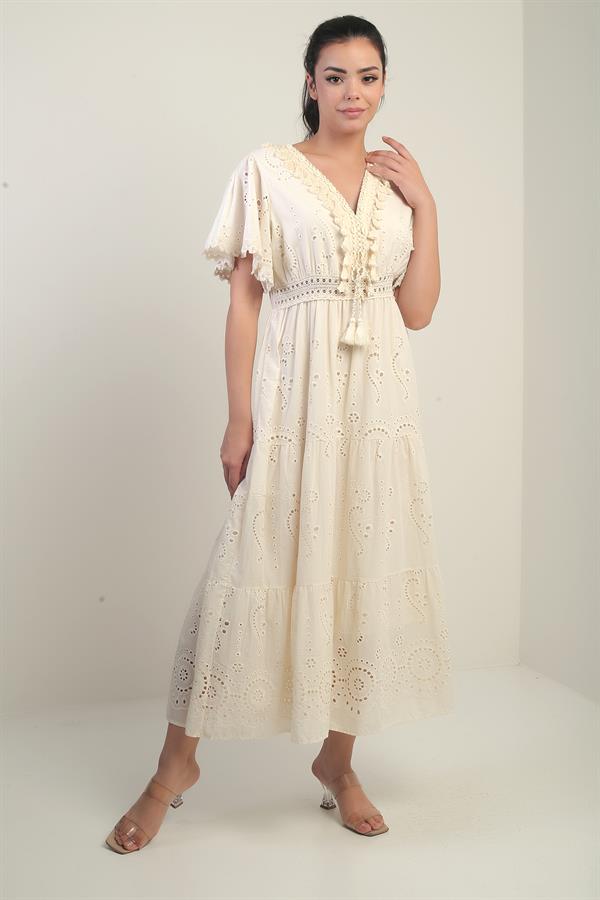 Women's V-Neck Front Tasseled Lined Long Lace Dress