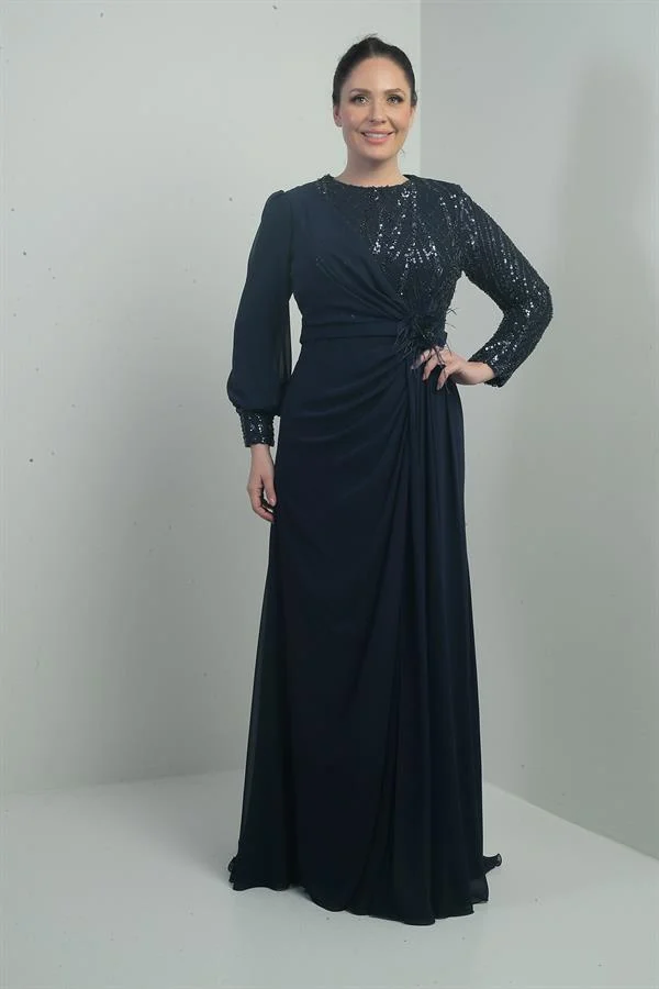 Women's Plus Size Long Chiffon Dress with Sequin and Bead Embellishment, Lined, and Floral Waistline